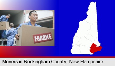 movers unloading a moving van and carrying a fragile box; Rockingham County highlighted in red on a map