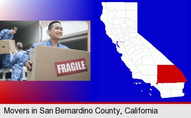 movers unloading a moving van and carrying a fragile box; San Bernardino County highlighted in red on a map