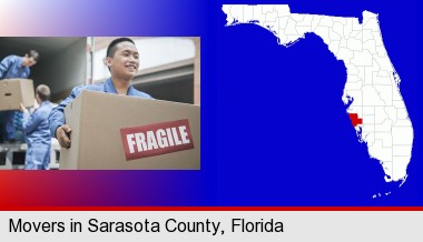 movers unloading a moving van and carrying a fragile box; Sarasota County highlighted in red on a map