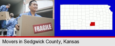 movers unloading a moving van and carrying a fragile box; Sedgwick County highlighted in red on a map