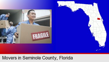 movers unloading a moving van and carrying a fragile box; Seminole County highlighted in red on a map
