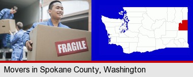 movers unloading a moving van and carrying a fragile box; Spokane County highlighted in red on a map