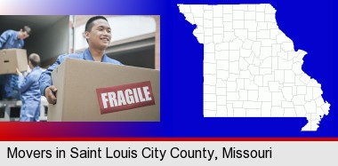 movers unloading a moving van and carrying a fragile box; St Louis City highlighted in red on a map