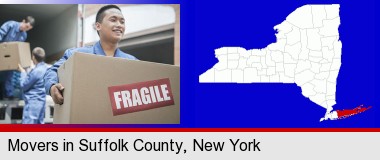 movers unloading a moving van and carrying a fragile box; Suffolk County highlighted in red on a map