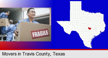movers unloading a moving van and carrying a fragile box; Travis County highlighted in red on a map