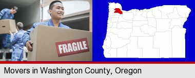 movers unloading a moving van and carrying a fragile box; Washington County highlighted in red on a map