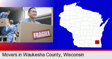 movers unloading a moving van and carrying a fragile box; Waukesha County highlighted in red on a map